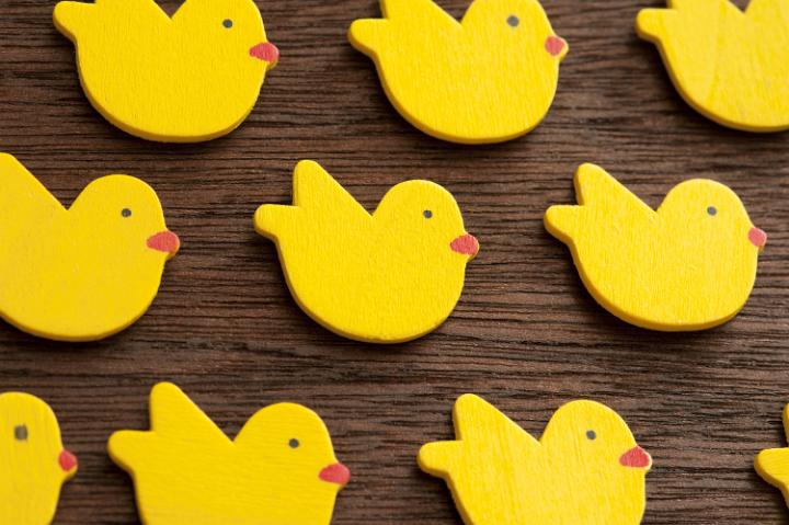 wooden_easter_chicks.jpg - Close up several small yellow chicks decoration on brown wooden surface. Concept