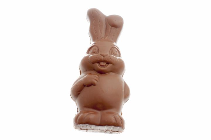 chocolate_rabbit.jpg - Chubby and cheerful chocolate candy bunny rabbit as seen close up against a white background