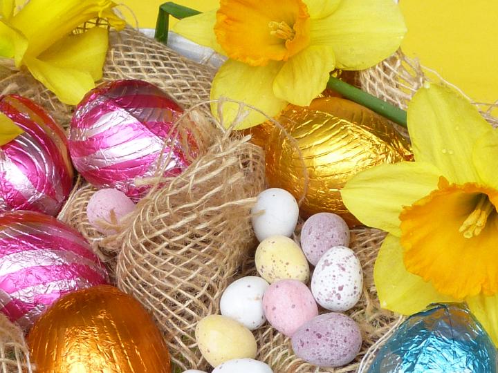 collected_easter_egg_basket.jpg - Close-up on chocolate easter eggs in colorful foil and quail egg candies collected in basket decorated with yellow daffodils and rustic sack cloth